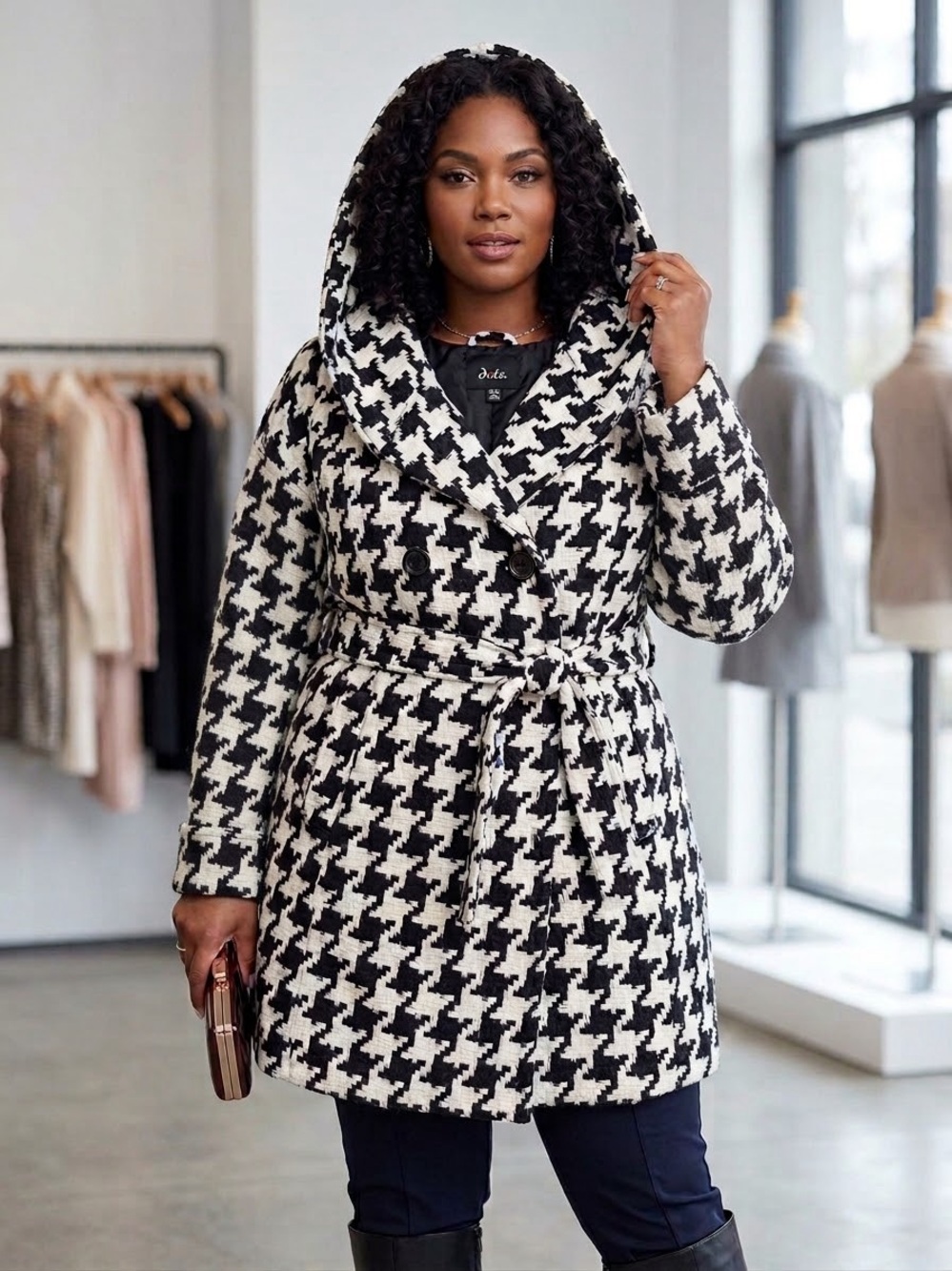 Dots Black & White Houndstooth Wrap Trench Coat